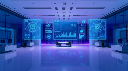 3D rendering of a modern office interior with business charts and graphs