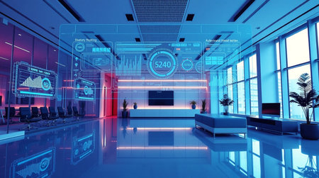 Interior of modern office with virtual panel, 3d rendering.