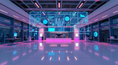 3D CG rendering of Modern office building with virtual technology user interfaceの写真素材