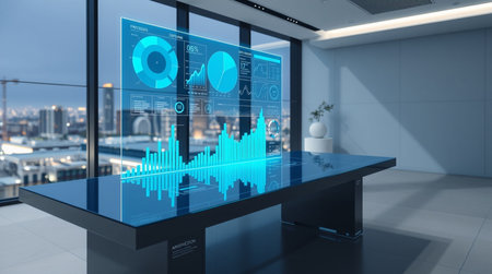 3d rendering business intelligence hologram over modern office interior background.