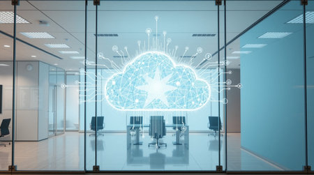 Digital cloud hologram in modern office interior 3D rendering toned image double exposure
