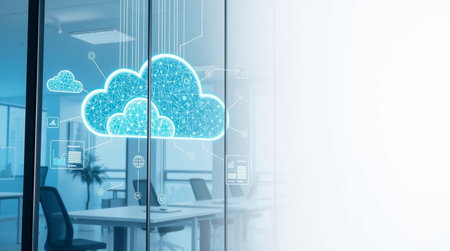 Cloud computing concept on modern office interior background. 3D Rendering