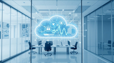 Cloud computing hologram over modern office interior 3D rendering toned image double exposure