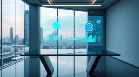 Futuristic virtual graphic touch user interface showing big data analytic, business analytics and...