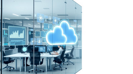 3D rendering of a cloud computing concept in a modern office interior