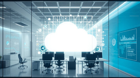 Cloud computing concept in modern office interior with technology icons. Mixed media