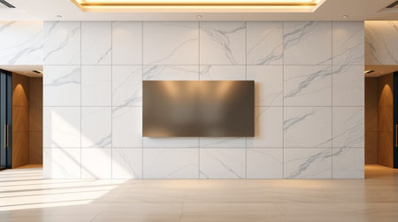 Interior of a modern office with marble walls, concrete floor and black mock up poster. 3d renderingの写真素材