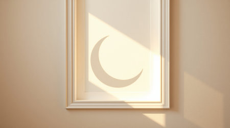 3d rendering of a crescent moon in a frame on a wallの写真素材