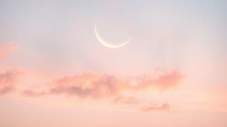 Crescent moon and clouds in the evening sky at sunset background.