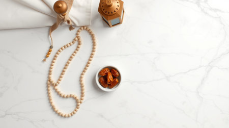 Buddhist prayer beads and rosary on white marble backgroundの写真素材