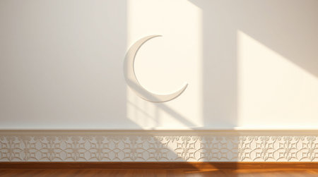 3d rendering of a crescent moon in a room with white wallsの写真素材