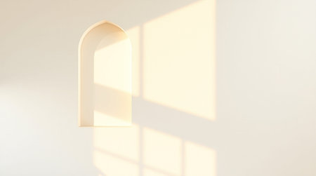 arched window on white wall with sunlight. 3d render