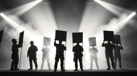 Silhouette of engineer and worker talking on mobile phone in warehouse.
