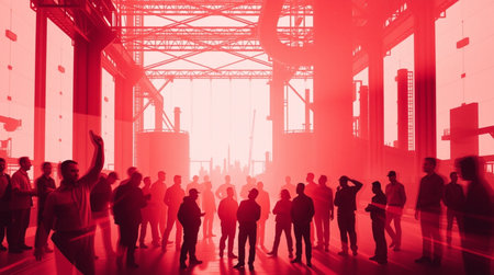 Silhouette of a group of soldiers with banners on the background of the stage lightsの写真素材