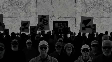 Crowd of people protesting in front of the wall. Black and white