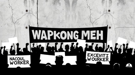 Protesters at a rally holding placards and banners in black and white