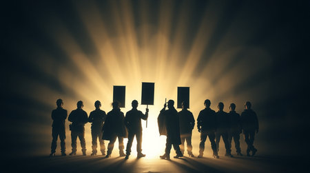 Silhouette of a group of people holding blank placards.の写真素材
