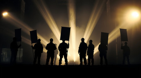 Silhouette of a group of people with banners in front of the policeの写真素材