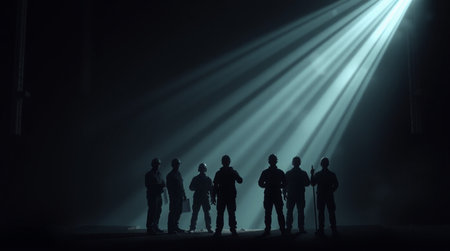 Silhouette of a group of people on a dark background with spotlights