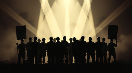 Silhouettes of a group of people in front of a stage with light beamsの写真素材