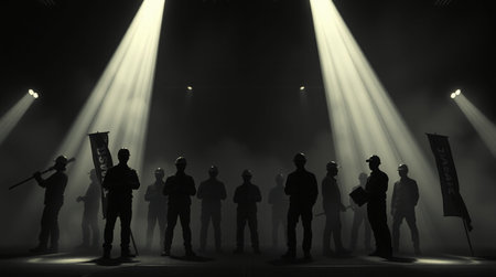 Silhouette of a group of people in front of a stage lights