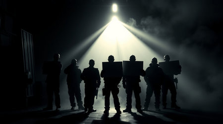 Silhouette of a group of people standing in front of a spotlight