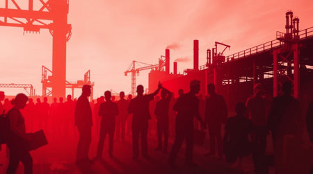 Silhouette of people in front of a large industrial plantの写真素材