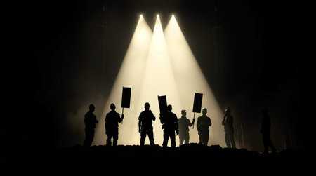 Silhouette of a group of people holding signs in front of a stage spotlight.の写真素材