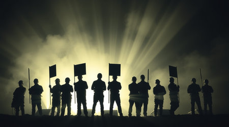 Silhouettes of people holding protest signs on dark background. 3D rendering