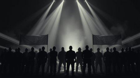 Silhouettes of people with flags in front of a stage spotlight