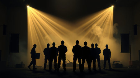 Silhouettes of a group of people standing in front of a stage lights