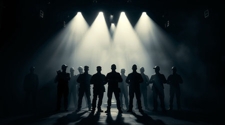 Silhouette of a group of people standing in front of the stage lights. Night scene.