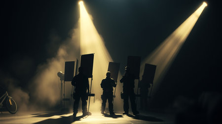 Silhouette of a group of people in front of a stage lights with smoke and fog background.