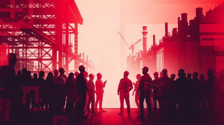 Silhouettes of a group of people in front of a factoryの写真素材