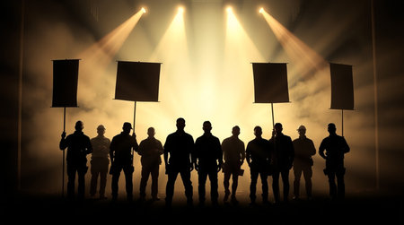 Silhouette of a group of people holding blank banners in a smokey background
