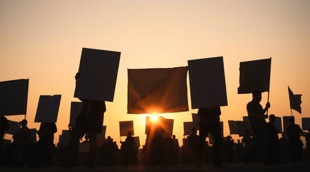 Silhouette of a group of people with banners at sunset.