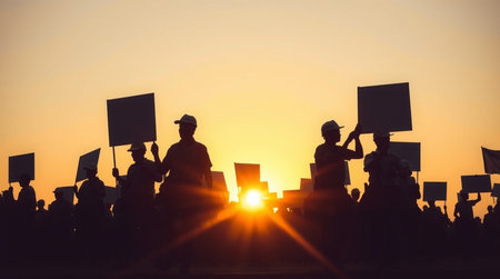 Silhouette of a group of people protesting against the sunset.