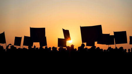 Silhouettes of people protesting with banners and flags at sunset.の写真素材