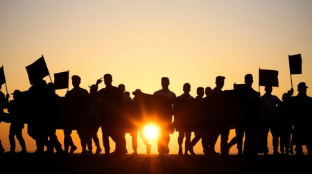 Silhouette of a crowd of people on a sunset background.