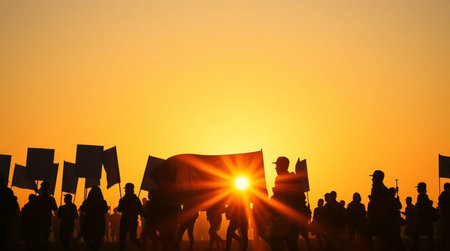 Silhouette of people with banners and flags on the sunset background