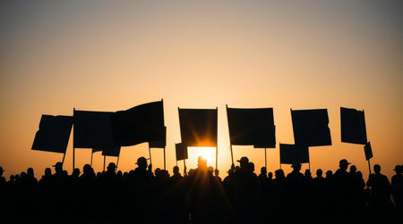 Silhouette of a crowd of people with banners at sunset.の写真素材