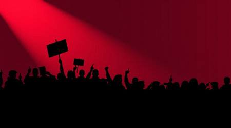 Protest people crowd on red background. Vector illustration for your design