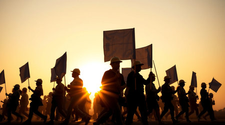 Silhouette of a group of people holding flags at sunset.