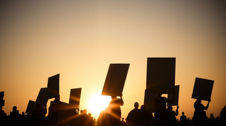 Silhouette of crowd of people with placards at sunset.