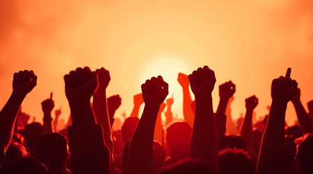 Silhouettes of people holding placards during a concert in the dark