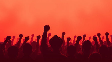 Blurred background of a crowd of people holding blank white signs.の写真素材