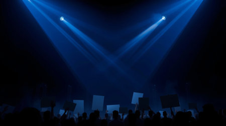 Blurred image of crowd of people with banners and placards at open air festival.