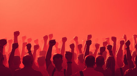 Blurred background of a group of people protesting in front of a construction siteの写真素材