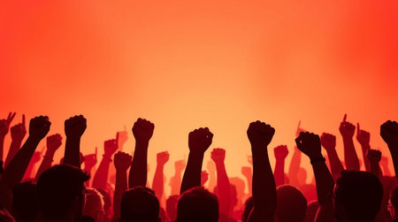 silhouette of a crowd of people at a concert on a red backgroundの写真素材