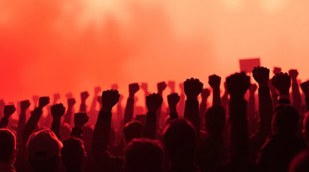 Silhouette of a crowd of people on a red background.の写真素材